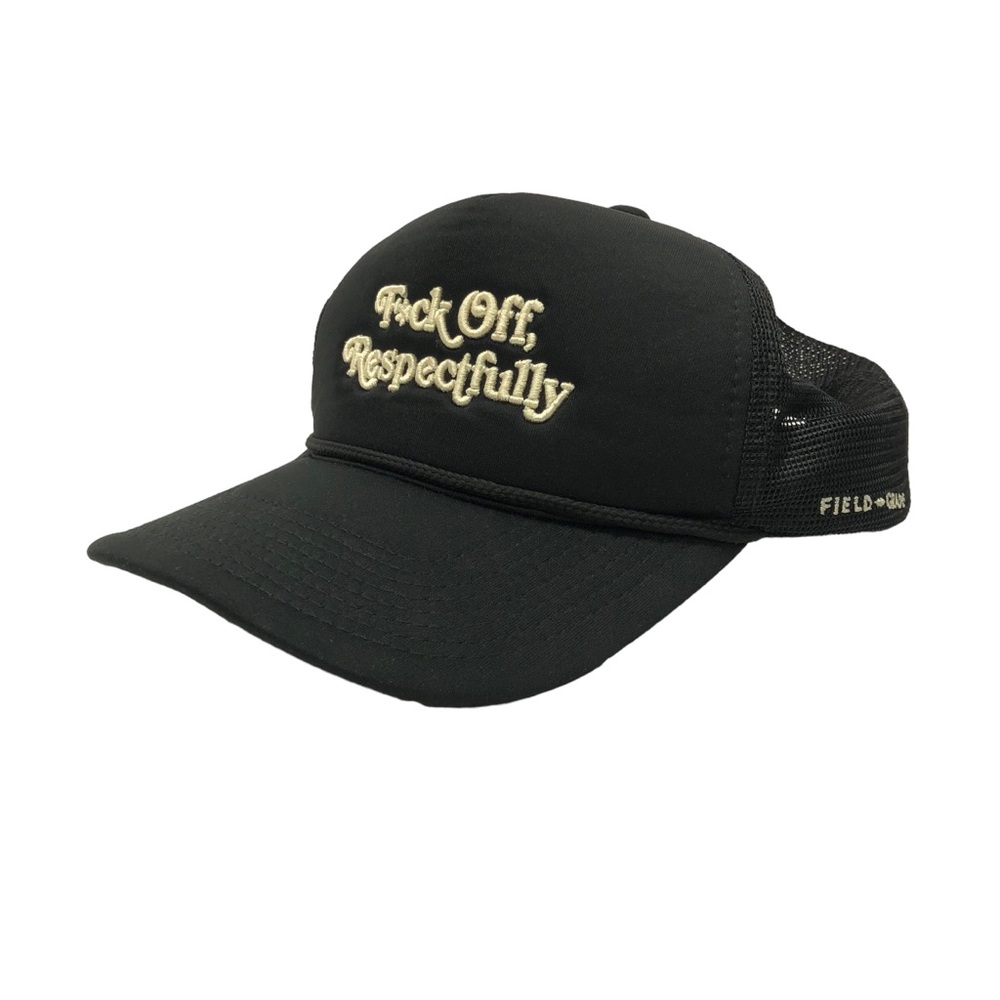 Field Grade F Off Respectfully Trucker Mesh Snapback Hat in Black